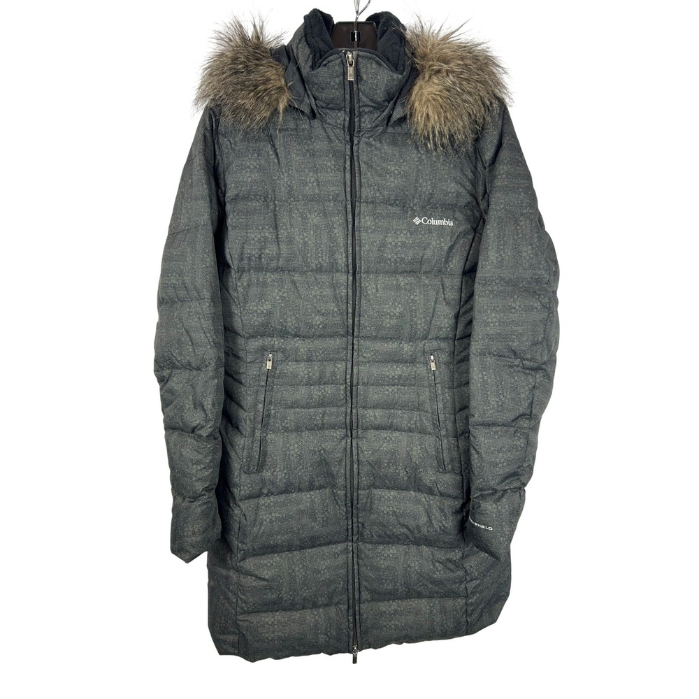 Columbia Grey Goose Down Puffer Parka Faux Fur Hood Long Coat Womens Large